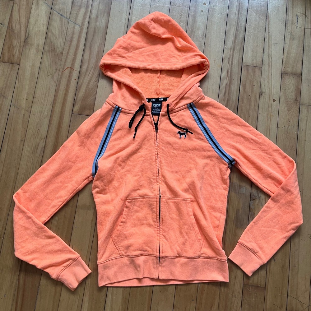 PINK Victoria's Secret Orange Zip Up Hoodie Sweatshirt Womens Small Cotton Blend